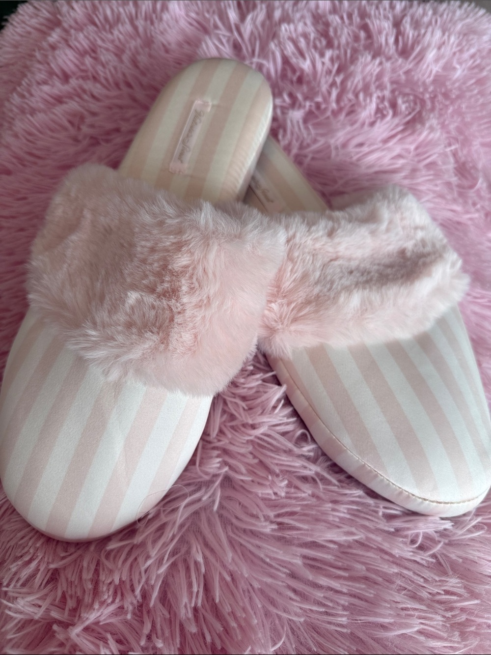 Victoria's Secret Pink Striped Plush Slide Slippers